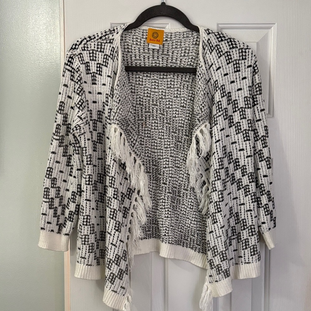 Ruby Rd. Black and White Fringe Cardigan